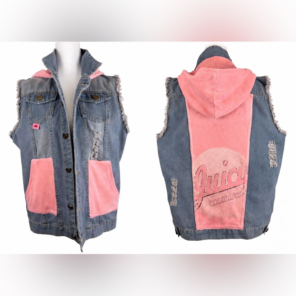 Upcycled Y2K Denim Vest Juicy Couture Velour Back Panel Pink Hood One of a Kind